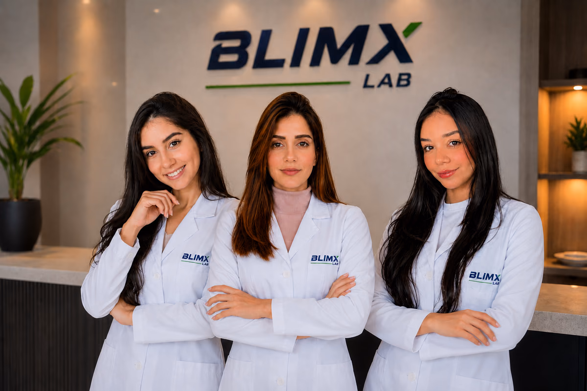 Equipe de colaboradoras do Blimx Lab em jaleco no laboratório